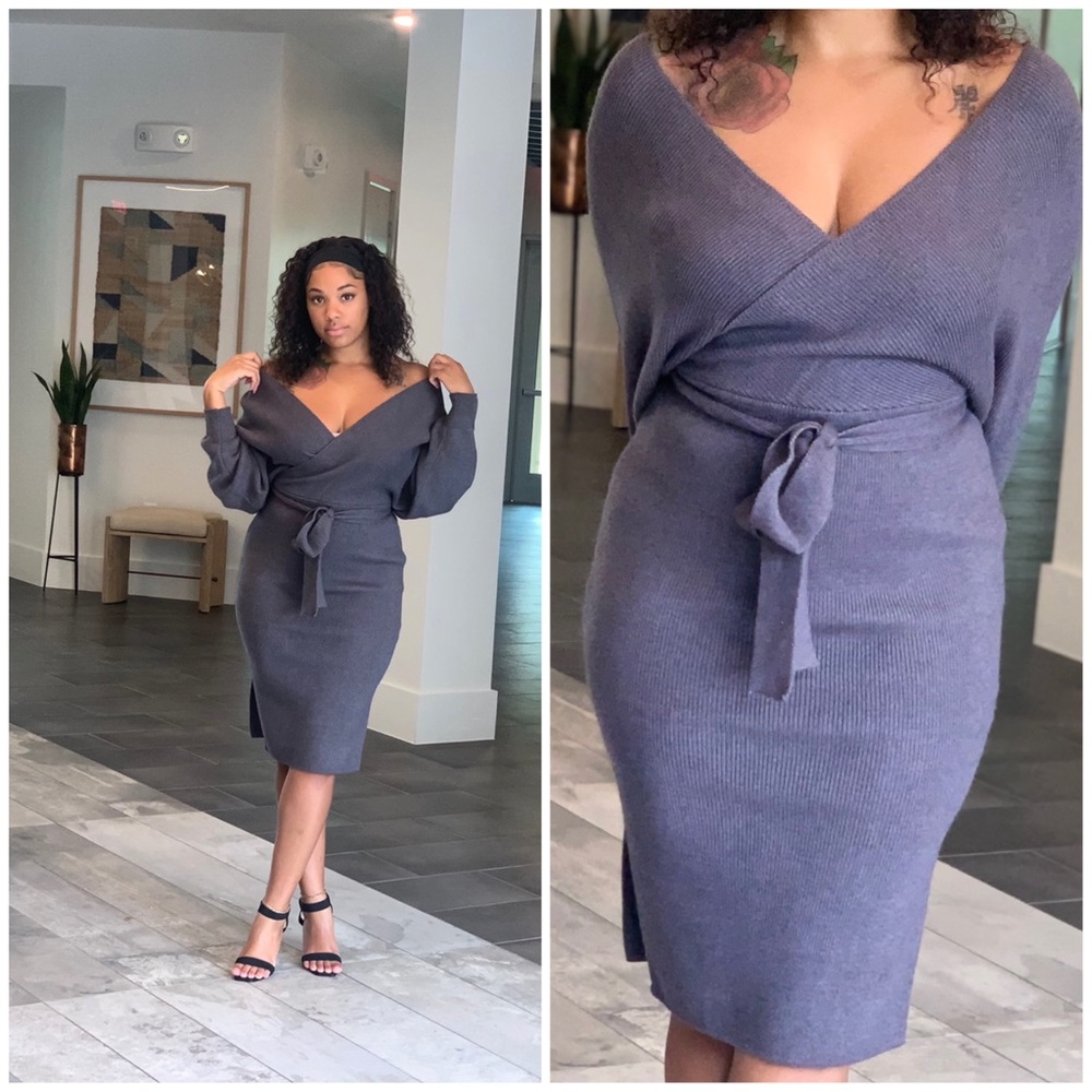 *NWT* SURPLICE BELTED SWEATER DRESS - DARK GREY (HOLIDAY DRESS)